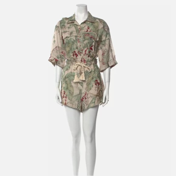 Zimmermann Aliane Floral Romper Womens 1 Small Green Short Sleeve Linen Belted - Picture 1 of 13